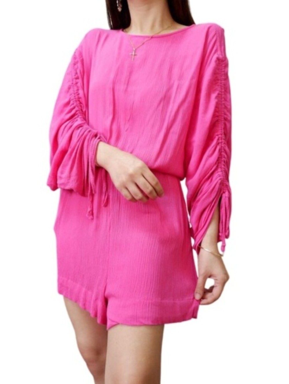 H&M Bright Pink Ruched-Sleeve Romper Size 2